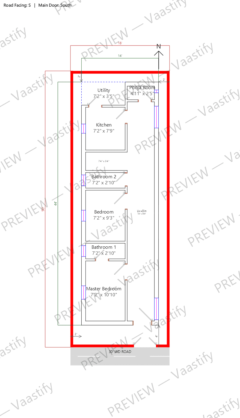 18 by 50 south-facing 2 BHK Vastu floor plan