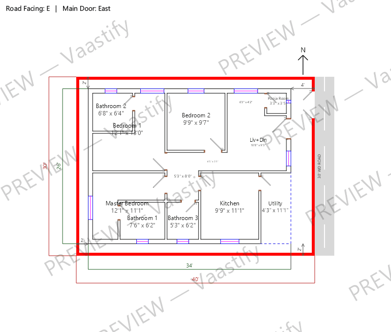 30 by 40 east-facing 3 BHK Vastu floor plan