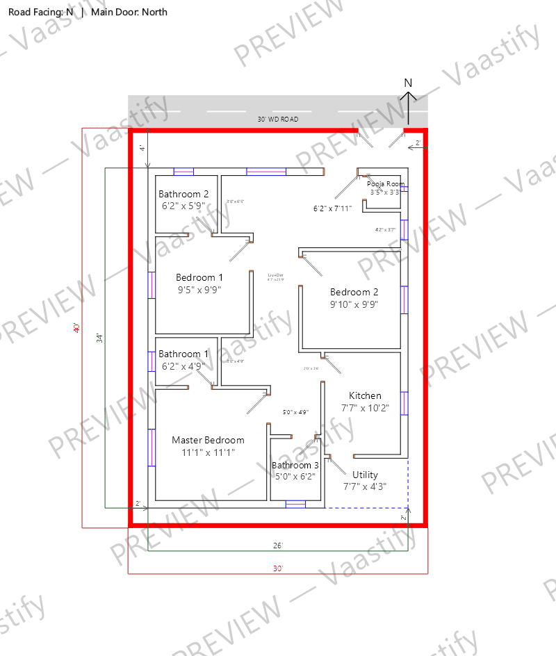 30 by 40 north-facing 3 BHK Vastu floor plan