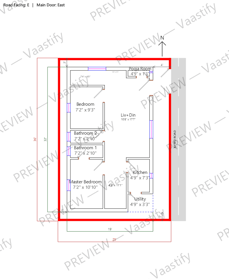 36 by 25 east-facing 2 BHK Vastu floor plan