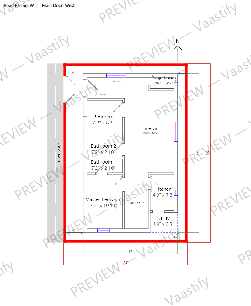 36 by 25 west-facing 2 BHK Vastu floor plan
