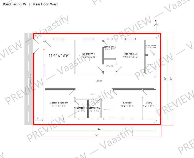 36 by 50 west-facing 3 BHK Vastu floor plan